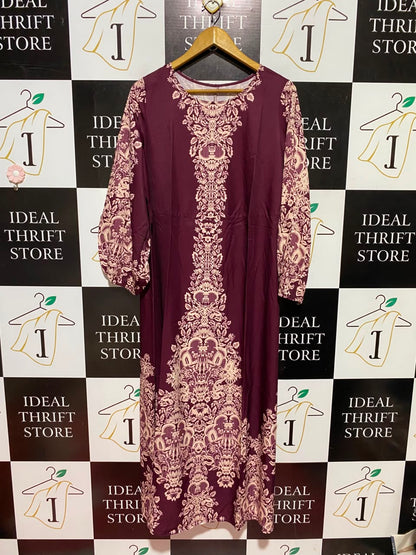 SHEIN |XL| BUST 22| B49| ELEGANT PLUM PURPLE MAXI DRESS WITH SYMMETRICAL DAMASK BORDER PRINT AND LONG SLEEVES