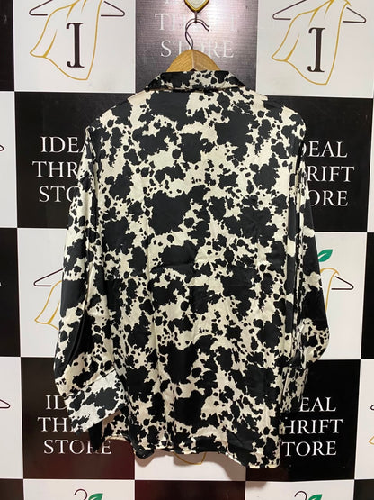 GEORGE |XL| BUST 27| B49| BLACK AND WHITE COW PRINT SATIN BUTTON-DOWN LONG SLEEVE BLOUSE