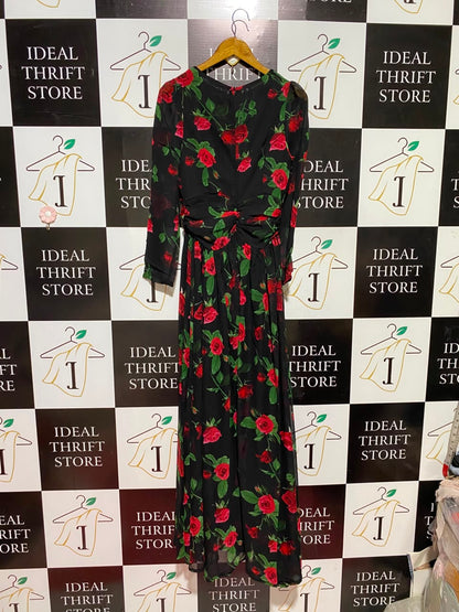 FINEJ |M| BUST 16| B49| BLACK AND RED ROSE PRINT V-NECK MAXI DRESS WITH RUFFLED WAISTBAND AND LONG SLEEVES