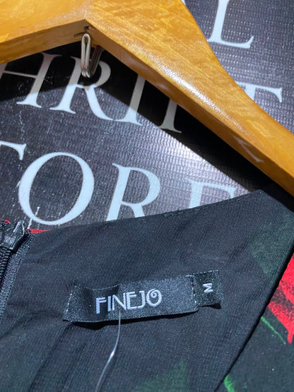 FINEJ |M| BUST 16| B49| BLACK AND RED ROSE PRINT V-NECK MAXI DRESS WITH RUFFLED WAISTBAND AND LONG SLEEVES
