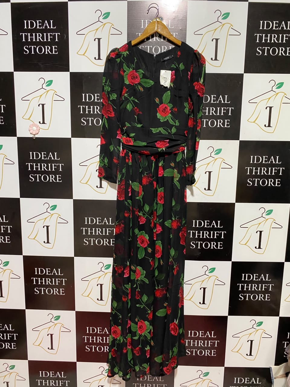 FINEJ |M| BUST 16| B49| BLACK AND RED ROSE PRINT V-NECK MAXI DRESS WITH RUFFLED WAISTBAND AND LONG SLEEVES