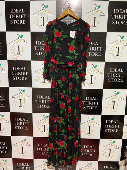 FINEJ |M| BUST 16| B49| BLACK AND RED ROSE PRINT V-NECK MAXI DRESS WITH RUFFLED WAISTBAND AND LONG SLEEVES