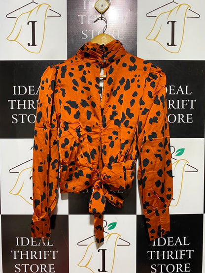 NEW LOOK |M| BUST 17| B49| ORANGE AND BLACK ANIMAL PRINT MOCK NECK SATIN BLOUSE WITH KEYHOLE CUTOUT AND TIE-WAIST