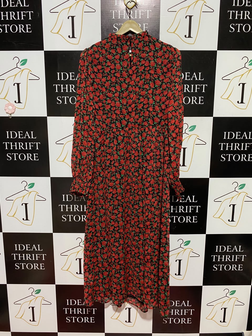 NEW LOOK |L| BUST 19| B49| VIBRANT RED ROSE PRINT SMOCKED BODICE MIDI DRESS WITH LONG SLEEVES AND MOCK NECK