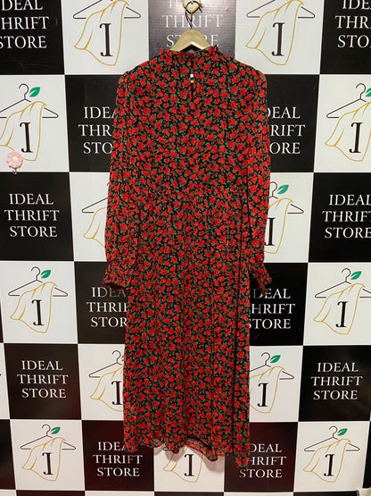 NEW LOOK |L| BUST 19| B49| VIBRANT RED ROSE PRINT SMOCKED BODICE MIDI DRESS WITH LONG SLEEVES AND MOCK NECK