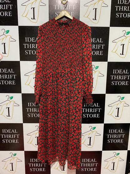 NEW LOOK |L| BUST 19| B49| VIBRANT RED ROSE PRINT SMOCKED BODICE MIDI DRESS WITH LONG SLEEVES AND MOCK NECK