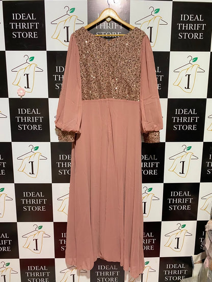 SUPGIR |XL| BUST 22| B49| DUSTY ROSE CHIFFON MAXI GOWN WITH GOLD SEQUIN BODICE AND BALLOON SLEEVES
