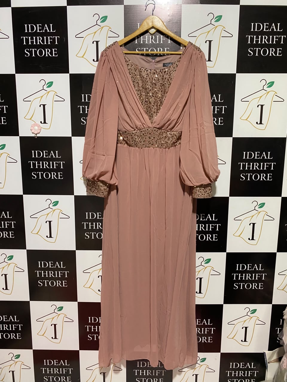 SUPGIR |XL| BUST 22| B49| DUSTY ROSE CHIFFON MAXI GOWN WITH GOLD SEQUIN BODICE AND BALLOON SLEEVES