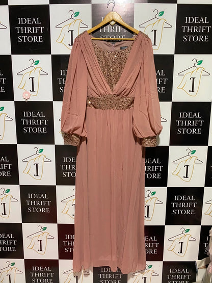 SUPGIR |XL| BUST 22| B49| DUSTY ROSE CHIFFON MAXI GOWN WITH GOLD SEQUIN BODICE AND BALLOON SLEEVES