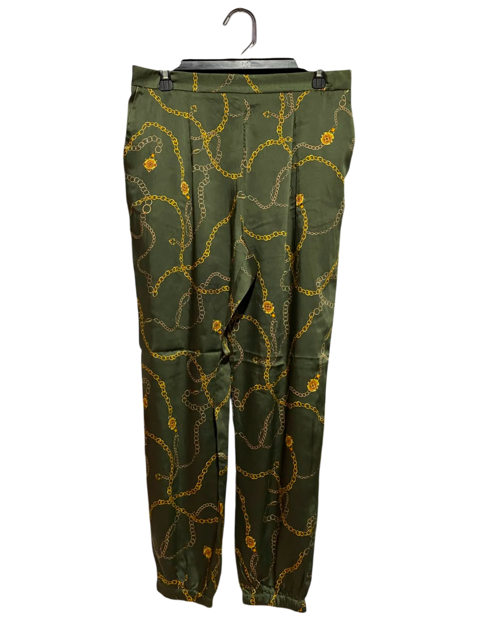 MNG |L| WAIST 32| B50| OLIVE GREEN SATIN GOLD CHAIN PRINT JOGGER PANTS