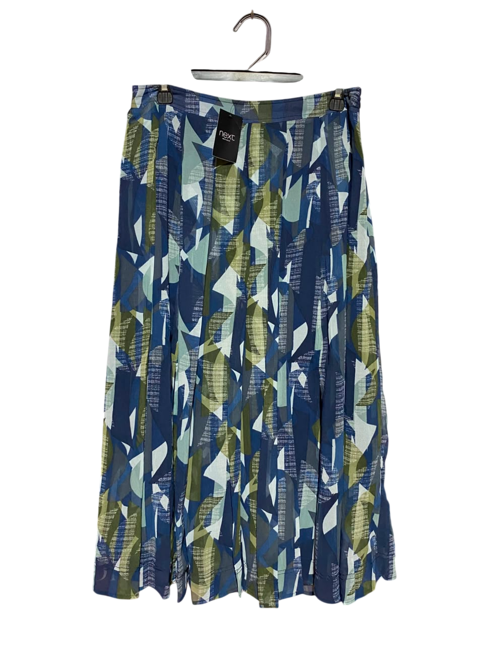 NEXT |L| WAIST 30| B50| BLUE AND GREEN GEOMETRIC PLEATED MIDI SKIRT