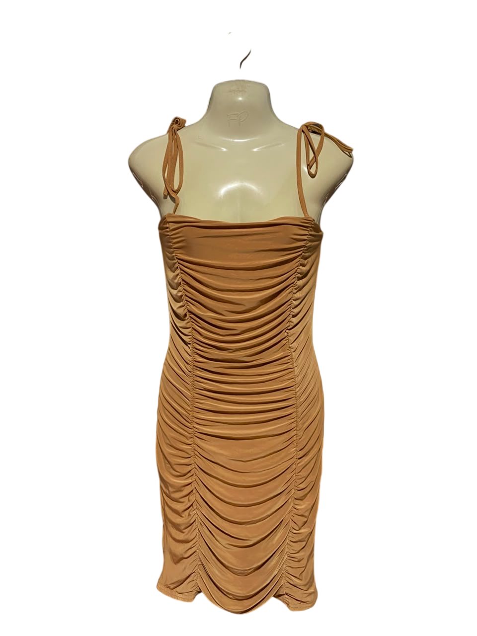 PREMIER GLAM |S| BUST 15| B50| CAMEL RUCHED TIE-STRAP BODYCON MINI DRESS