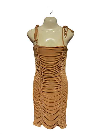 PREMIER GLAM |S| BUST 15| B50| CAMEL RUCHED TIE-STRAP BODYCON MINI DRESS
