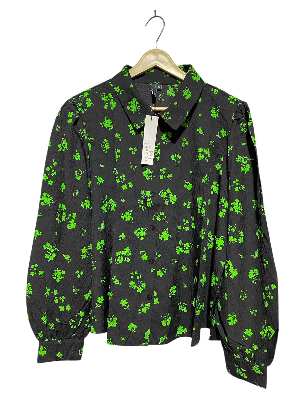 NOBODYS CHILD |L| BUST 23| B50| BLACK AND NEON GREEN FLORAL LONG-SLEEVE BUTTON-DOWN BLOUSE