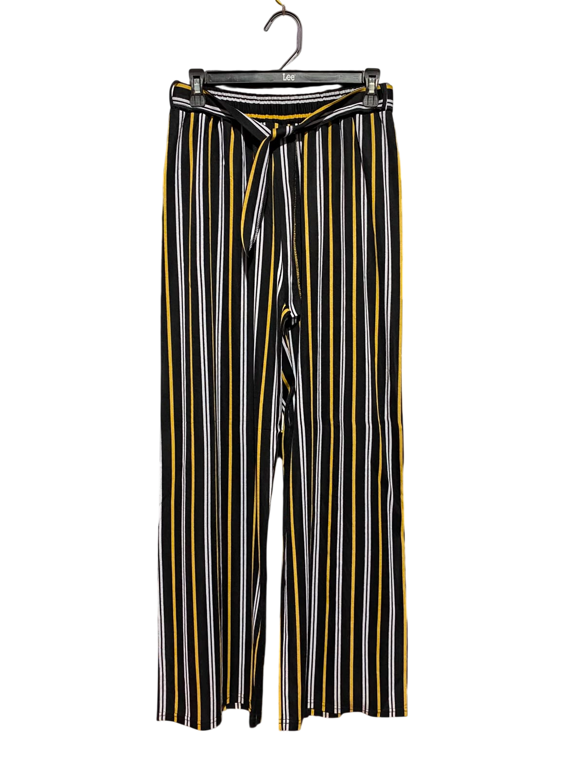 |S/M| WAIST 27| B50| BLACK YELLOW AND WHITE STRIPED TIE-WAIST WIDE-LEG PANTS