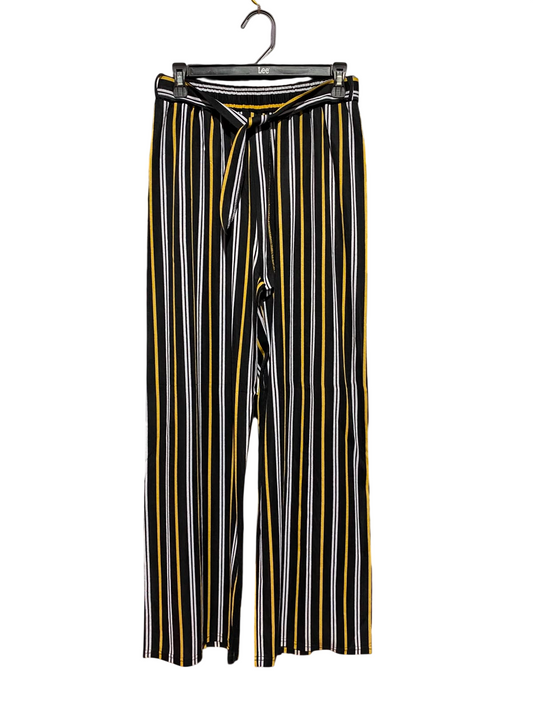 |S/M| WAIST 27| B50| BLACK YELLOW AND WHITE STRIPED TIE-WAIST WIDE-LEG PANTS