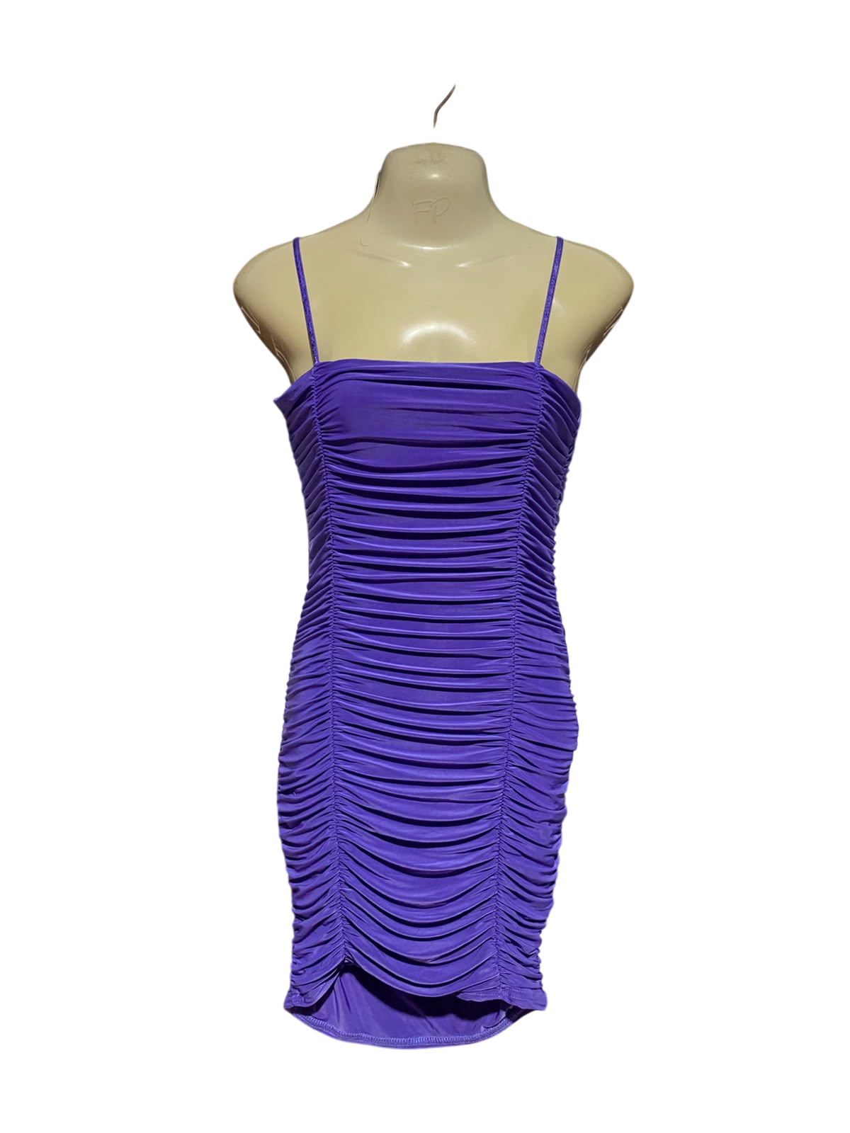 FUCHIA |S| BUST 15| B50| PURPLE RUCHED SPAGHETTI STRAP BODYCON MINI DRESS