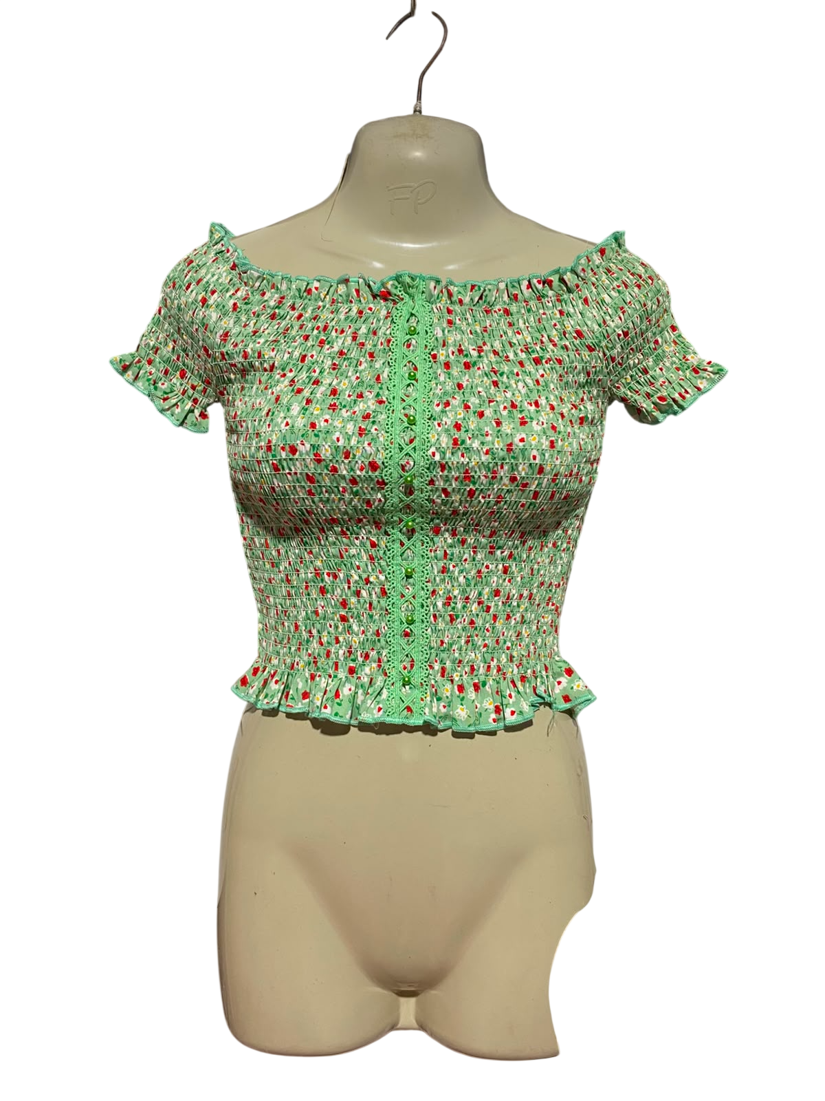 LOOK SLAY |XS| BUST 10| B50| MINT GREEN DITSY FLORAL SMOCKED OFF-THE-SHOULDER CROP TOP