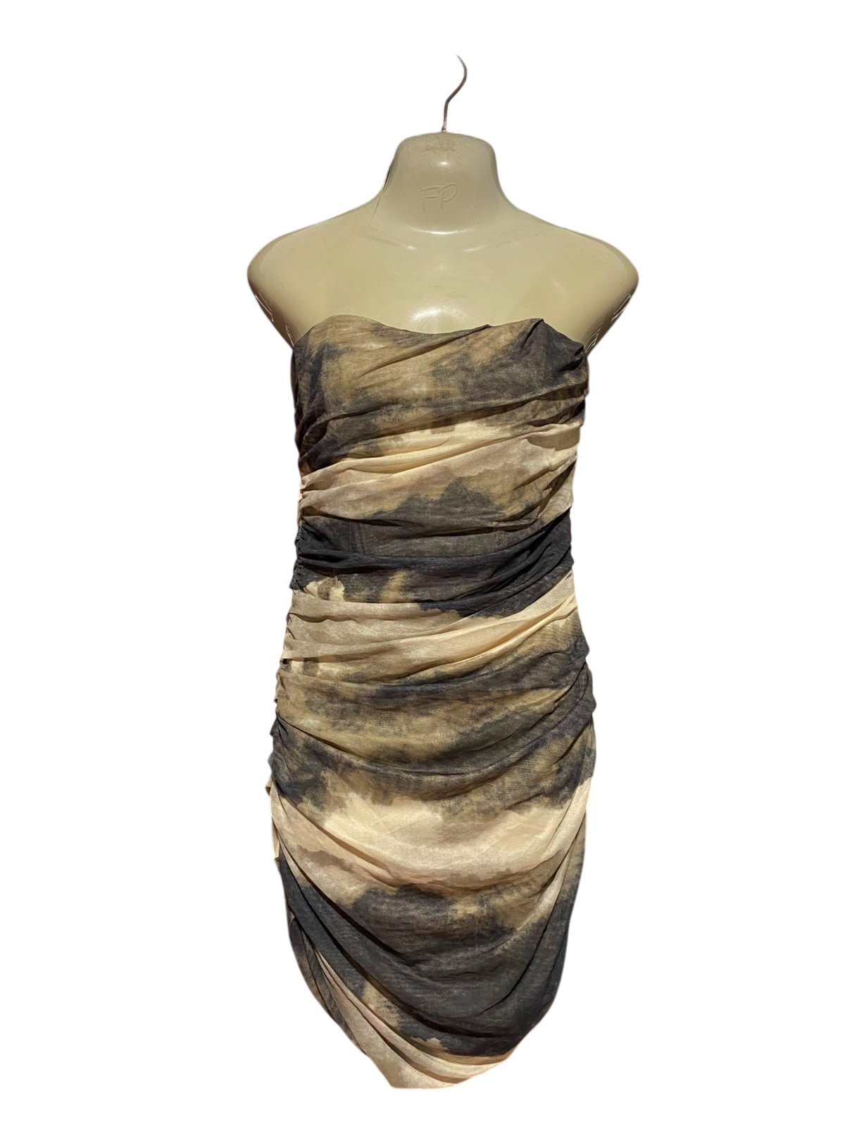 VERA & LUCY |L| BUST 16| B50| BEIGE & CHARCOAL GREY ABSTRACT TIE-DYE STRAPLESS RUCHED MESH BODYCON DRESS