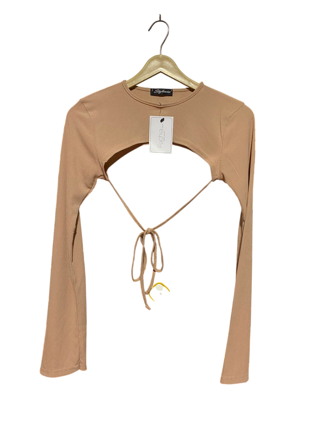 STYLEWISE |XS| BUST 13| B50| BEIGE RIBBED FRONT CUT-OUT TIE-WAIST SHRUG TOP