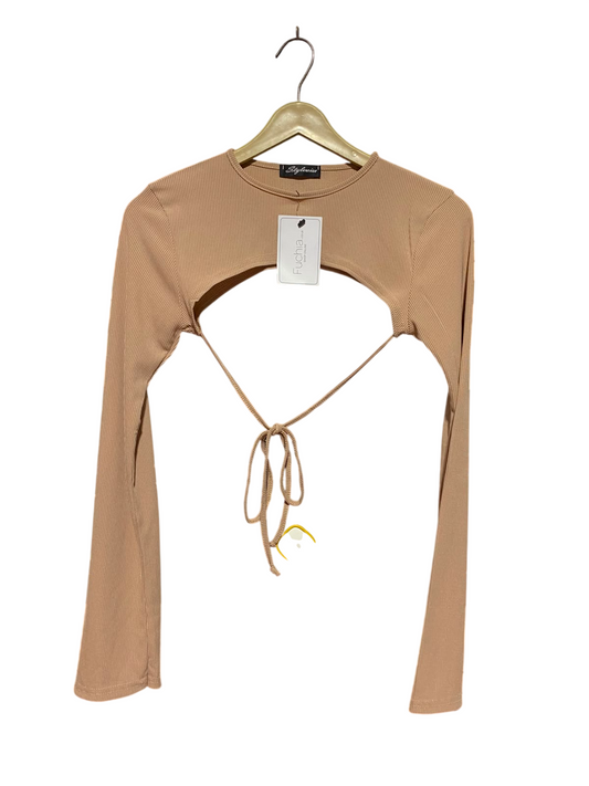STYLEWISE |XS| BUST 13| B50| BEIGE RIBBED FRONT CUT-OUT TIE-WAIST SHRUG TOP