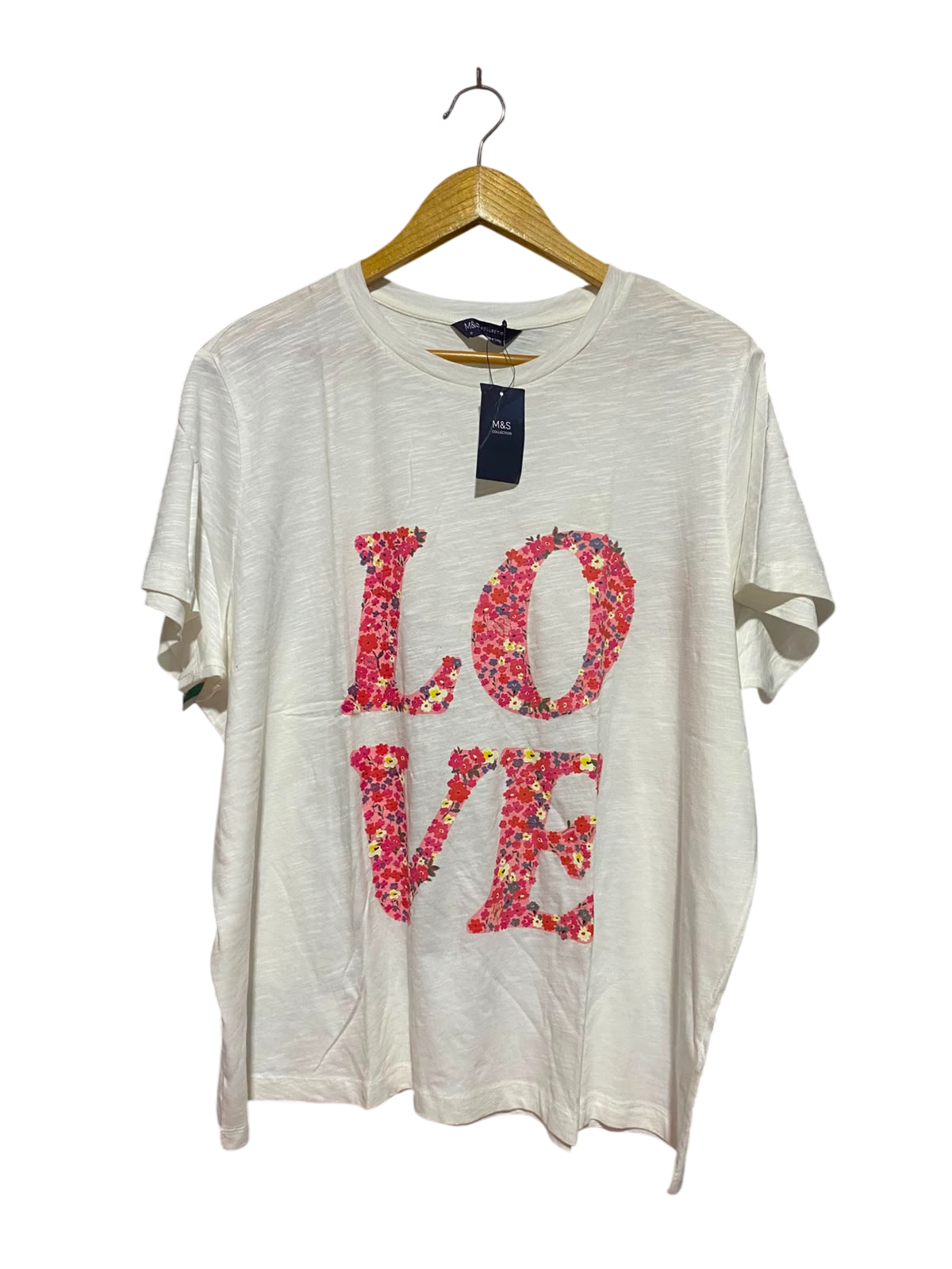 M&S |XL| BUST 25| B50| WHITE SLUB COTTON "LOVE" FLORAL GRAPHIC T-SHIRT