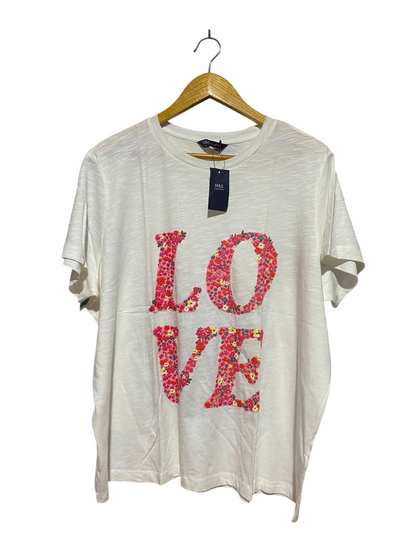 M&S |XL| BUST 25| B50| WHITE SLUB COTTON "LOVE" FLORAL GRAPHIC T-SHIRT