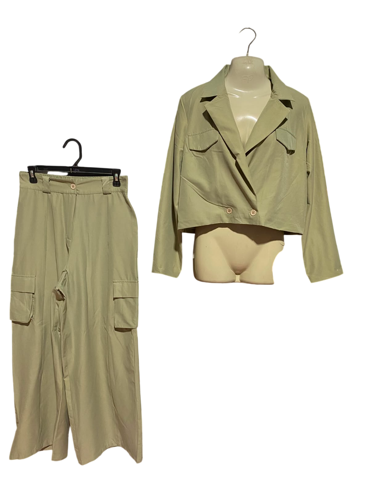 ZINK LONDON |M| B50| SAGE GREEN CROPPED BLAZER & WIDE-LEG CARGO PANTS TWO-PIECE CO-ORD SET
