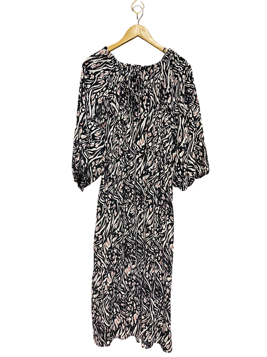 PAPAYA |L| BUST FREE| A1| BLACK AND BLUSH PINK ABSTRACT ANIMAL PRINT TIERED MIDI DRESS