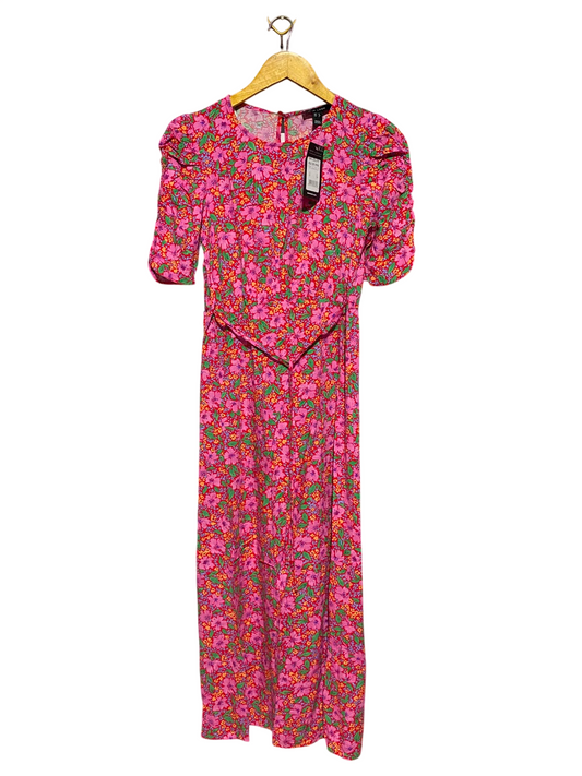 NEW LOOK |S| BUST 15| A1| VIBRANT PINK DITSY FLORAL PUFF SLEEVE MAXI DRESS