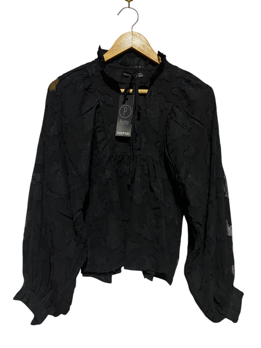 BOOHOO |S| BUST FREE| A1| PETITE BLACK TEXTURED JACQUARD TIE NECK BLOUSE