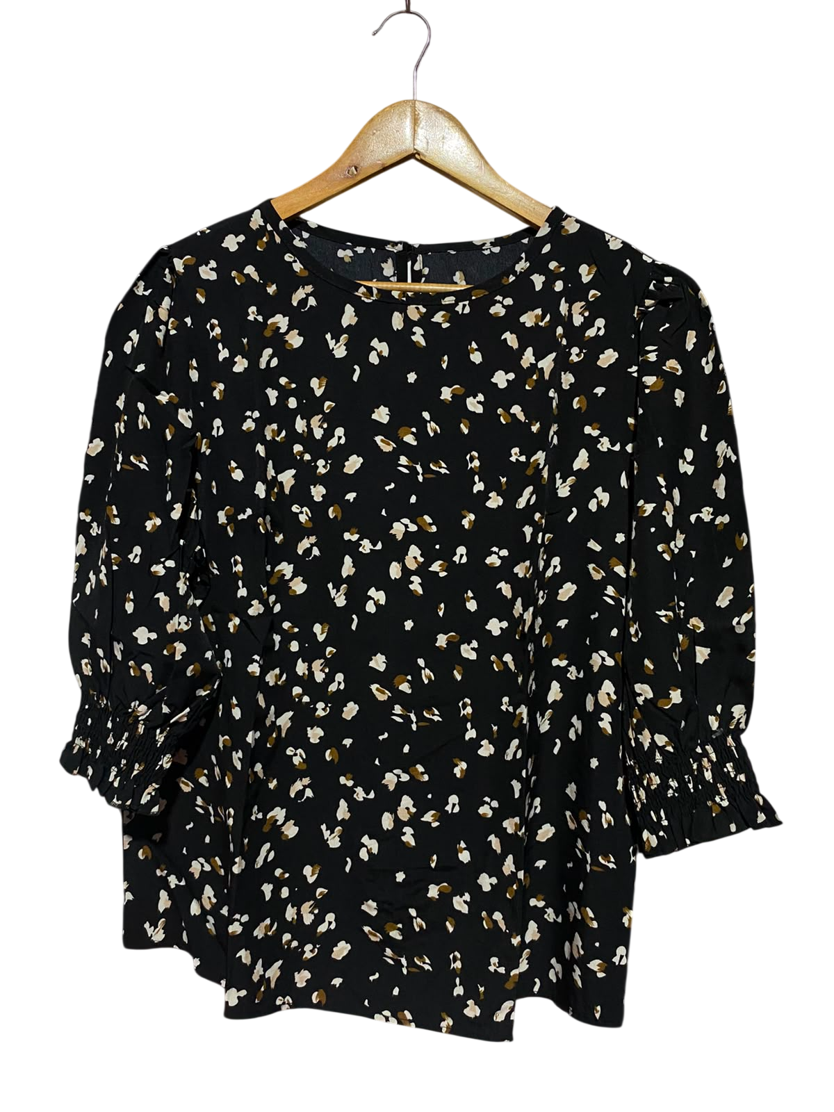 |XL| BUST 21| A1| BLACK ABSTRACT ANIMAL DOTTED PRINT SHIRRED CUFF BLOUSE