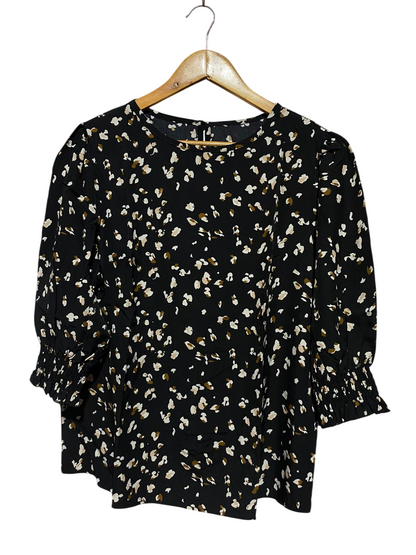 |XL| BUST 21| A1| BLACK ABSTRACT ANIMAL DOTTED PRINT SHIRRED CUFF BLOUSE