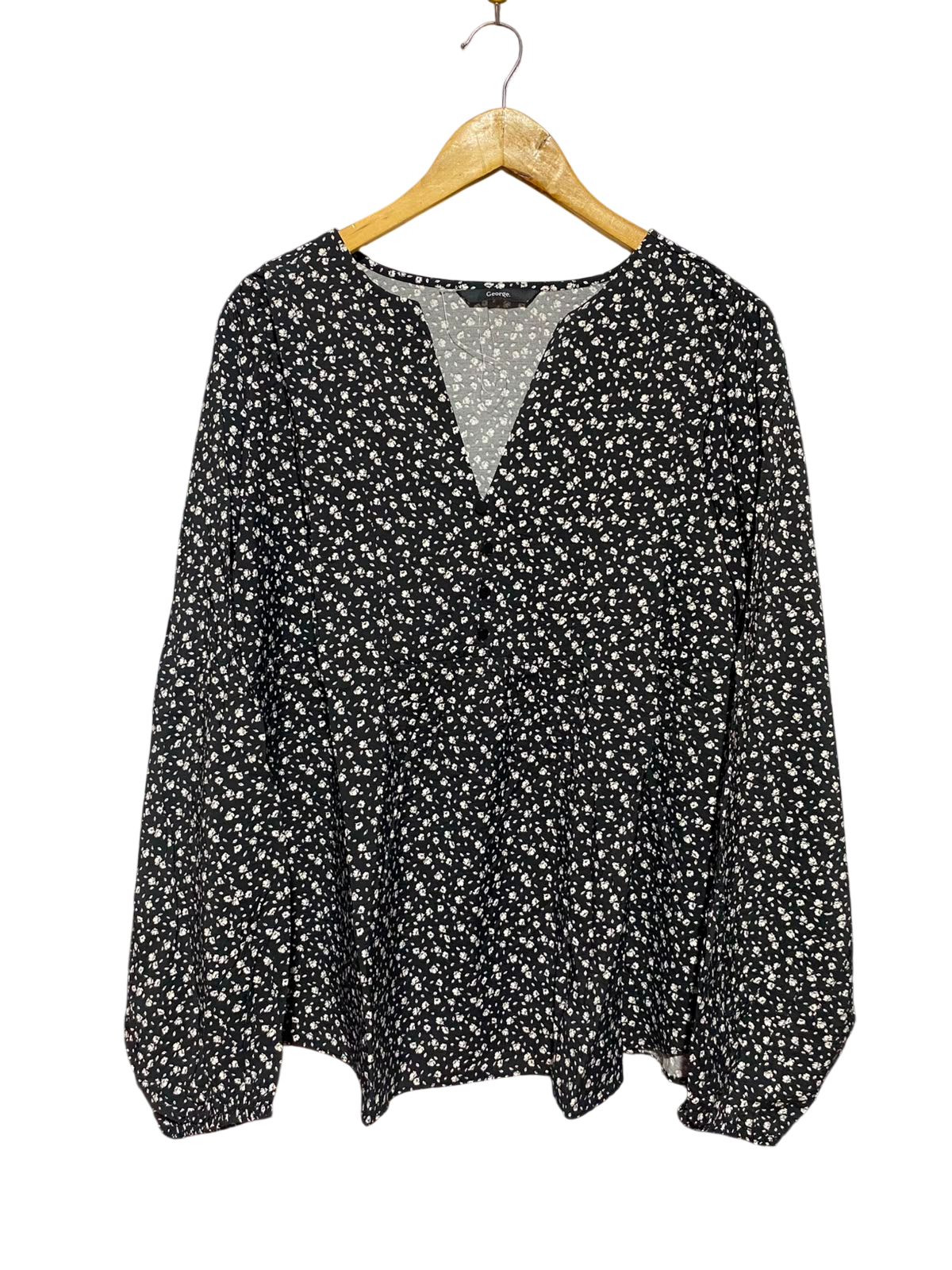 GEORGE |M| BUST 27| A1| BLACK & WHITE DITSY FLORAL PRINT V-NECK PEPLUM BLOUSE