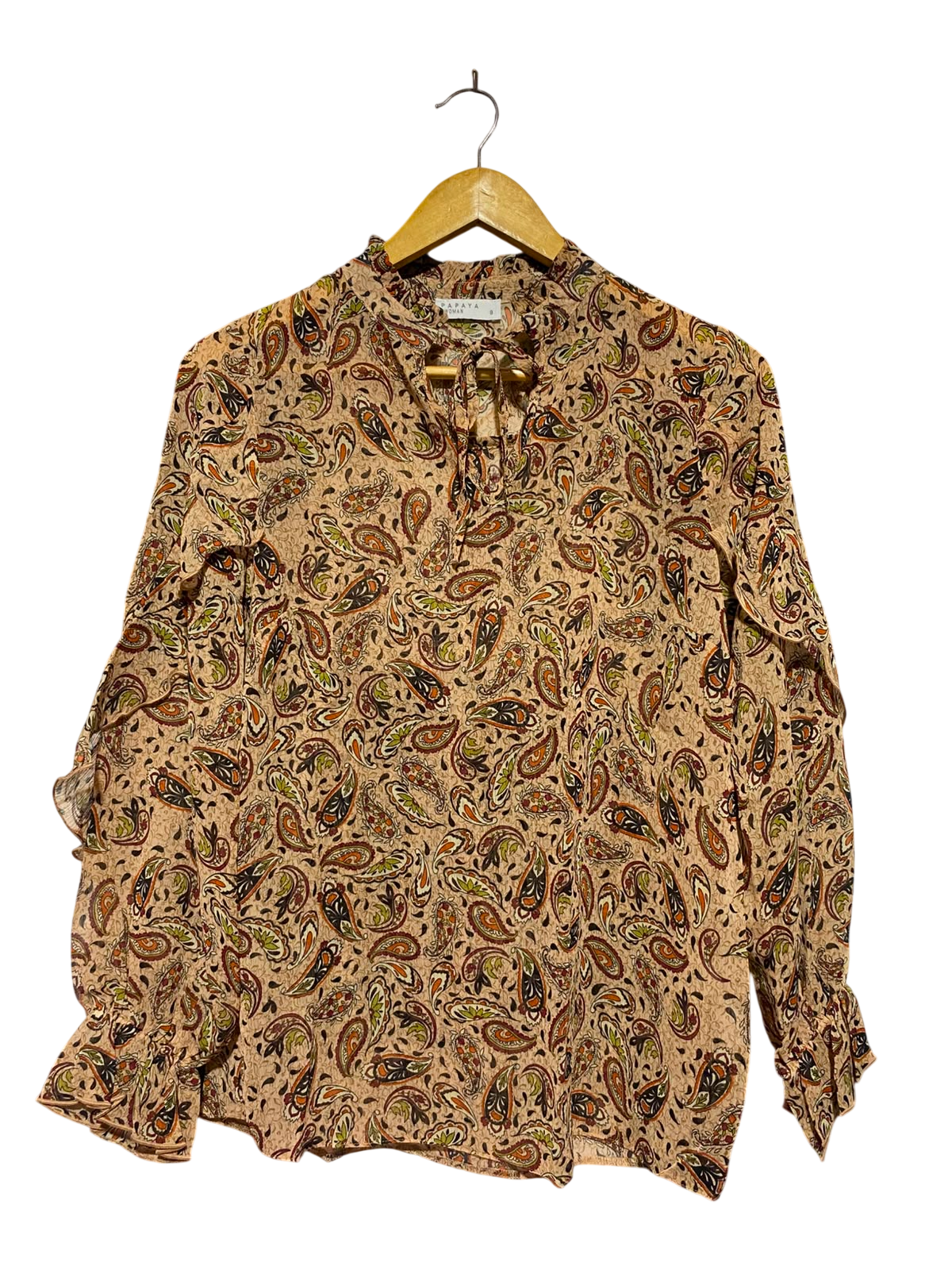 PAPAYA |S| BUST 18| A1| TAN PAISLEY PRINT RUFFLE SLEEVE TIE NECK BLOUSE