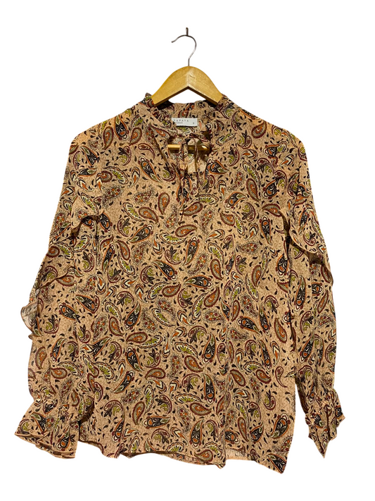 PAPAYA |S| BUST 18| A1| TAN PAISLEY PRINT RUFFLE SLEEVE TIE NECK BLOUSE