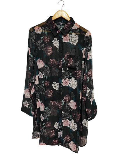 NEW LOOK |XL| BUST 23| A1| MATERNITY BLACK ROSE FLORAL SHEER BUTTON-DOWN TUNIC BLOUSE