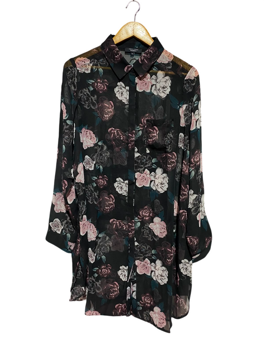 NEW LOOK |XL| BUST 23| A1| MATERNITY BLACK ROSE FLORAL SHEER BUTTON-DOWN TUNIC BLOUSE