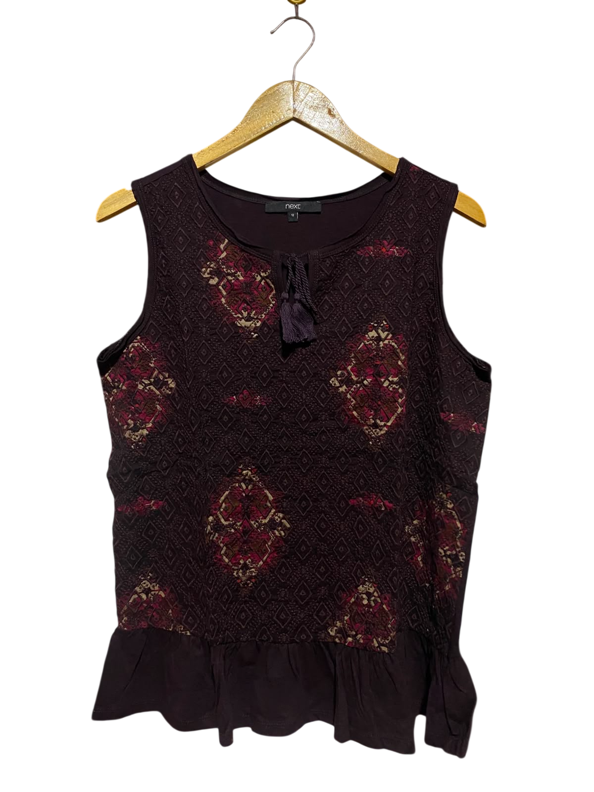 NEXT |M| BUST 19| A1| DEEP PLUM EMBROIDERED TASSEL NECK PEPLUM SLEEVELESS TOP