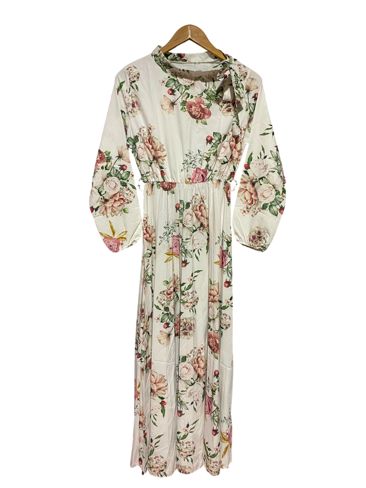 |M| BUST 17| A1| VINTAGE FLORAL PRINT HIGH NECK BOW COLLAR MAXI DRESS
