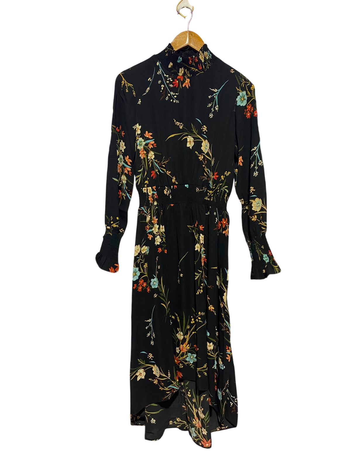 NANETTE |S| BUST 16| A1| BLACK BOHO FLORAL HIGH SHIRRED NECK HIGH-LOW MIDI DRESS