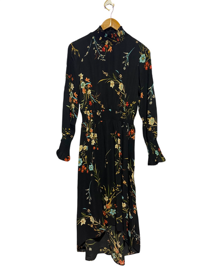 NANETTE |S| BUST 16| A1| BLACK BOHO FLORAL HIGH SHIRRED NECK HIGH-LOW MIDI DRESS