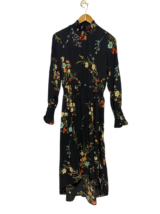 NANETTE |S| BUST 16| A1| BLACK BOHO FLORAL HIGH SHIRRED NECK HIGH-LOW MIDI DRESS