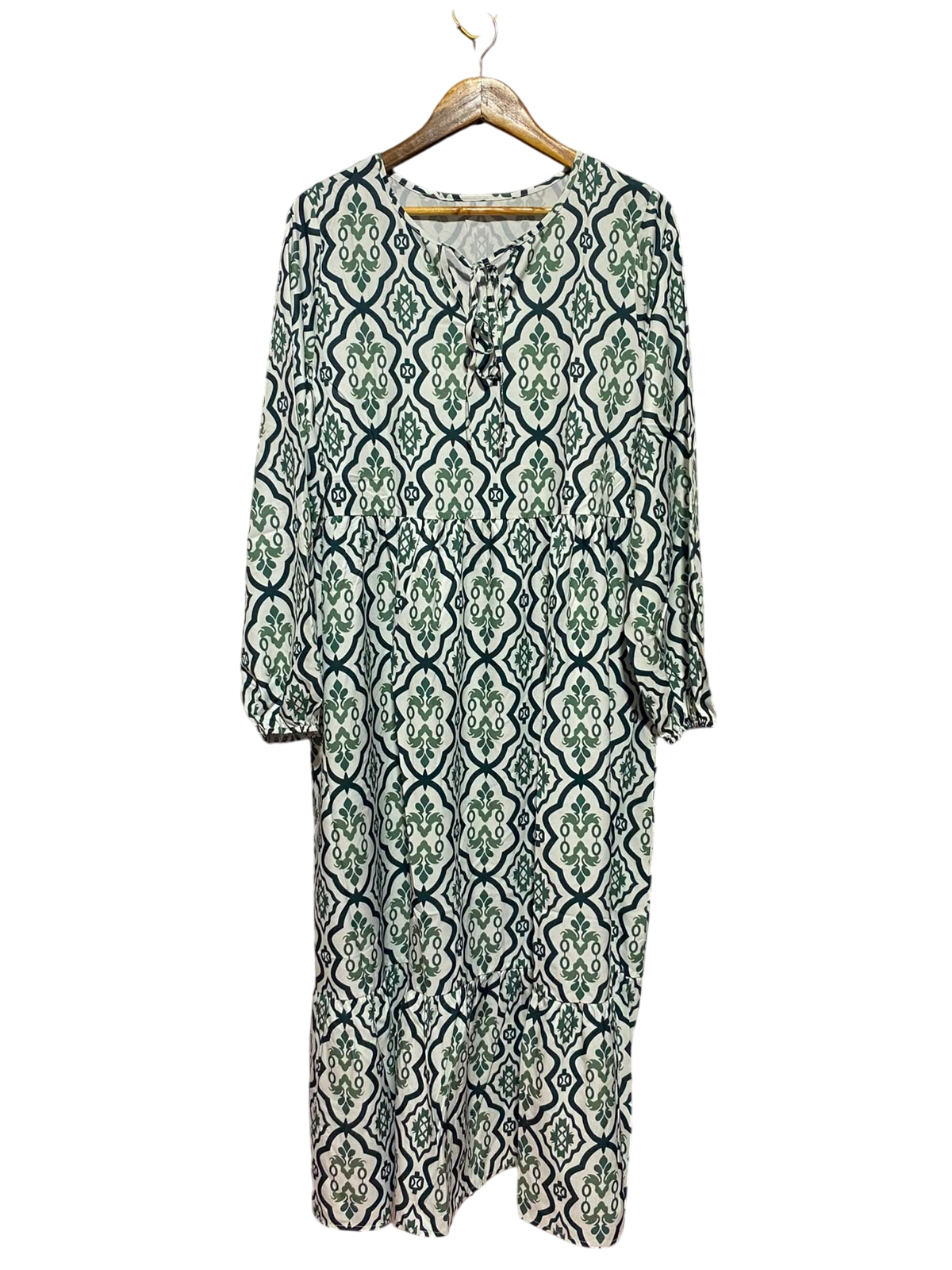 EMERY ROSE |L| BUST 21| A1| GREEN AND CREAM GEOMETRIC DAMASK PRINT KEYHOLE TIE MAXI DRESS