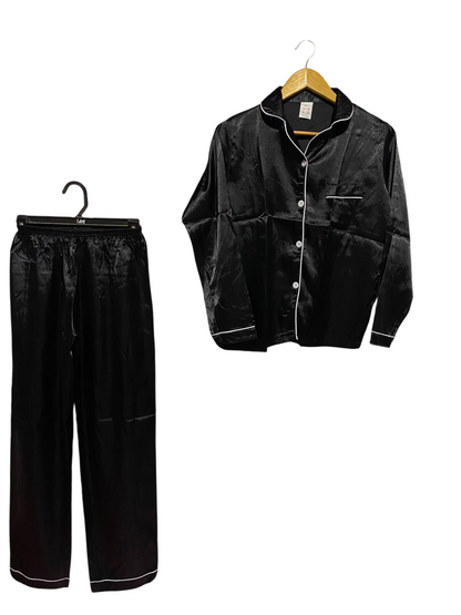 |XS| A1| CLASSIC BLACK SATIN PYJAMA SET WITH CONTRAST PIPING