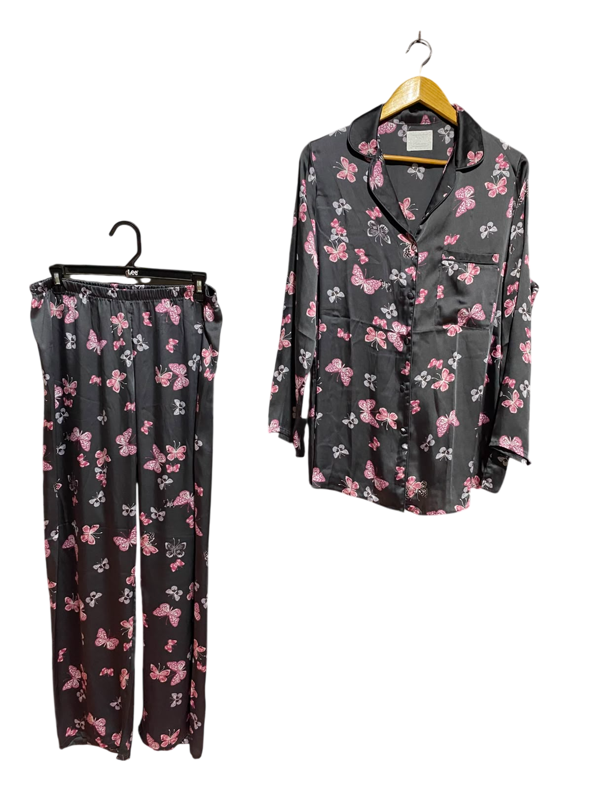 TIME TO DREAM |L| A1| BLACK & PINK BUTTERFLY PRINT SATIN PYJAMA SET