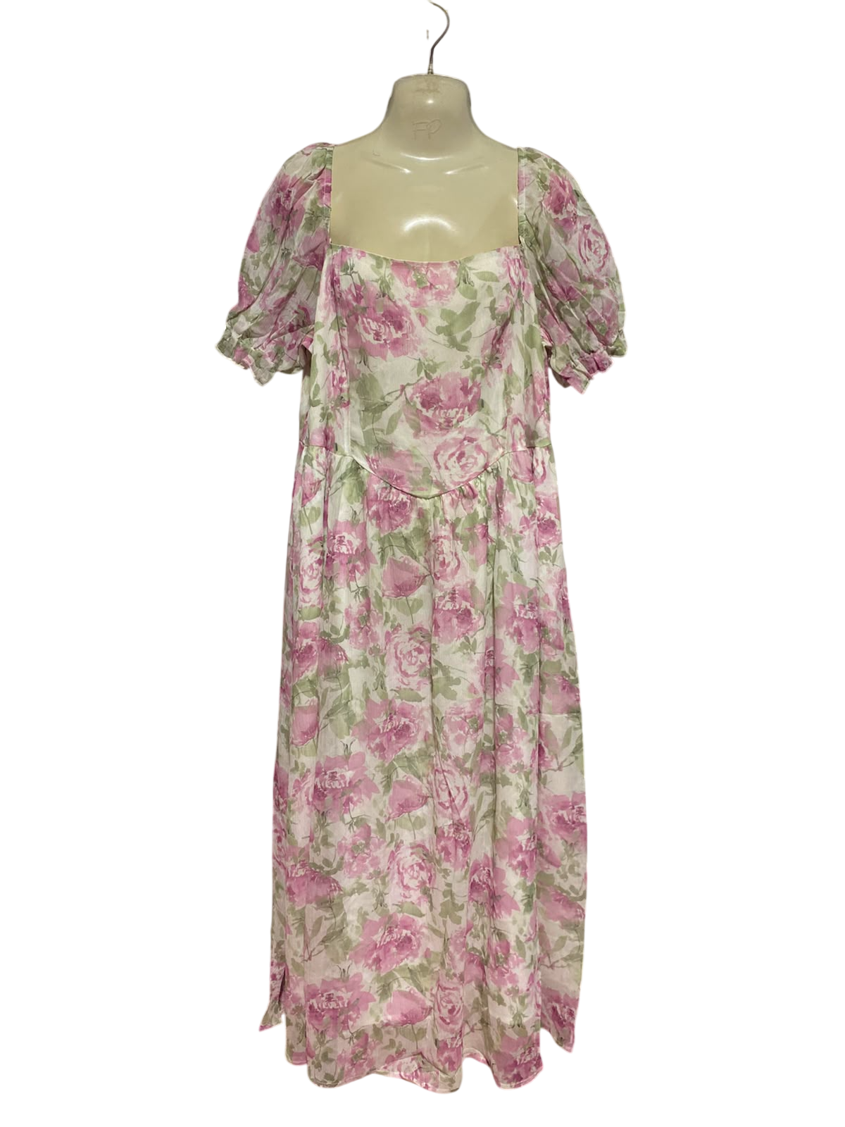 SHEIN CURVE |XL| BUST 20| A1| FREE PEOPLE "FREE-EST" PINK & GREEN FLORAL PUFF SLEEVE MIDI DRESS