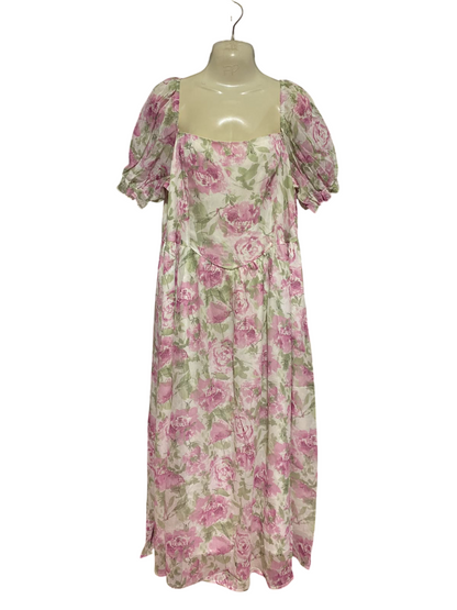 SHEIN CURVE |XL| BUST 20| A1| FREE PEOPLE "FREE-EST" PINK & GREEN FLORAL PUFF SLEEVE MIDI DRESS