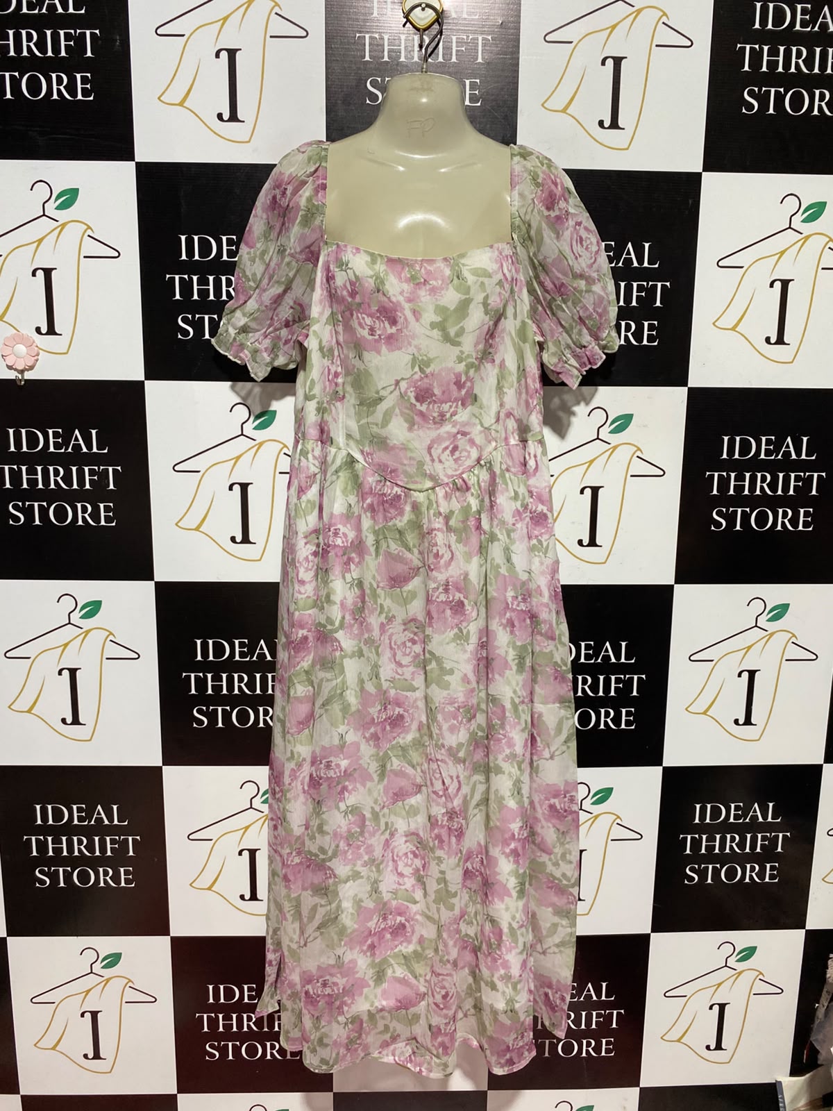 SHEIN CURVE |XL| BUST 20| A1| FREE PEOPLE "FREE-EST" PINK & GREEN FLORAL PUFF SLEEVE MIDI DRESS