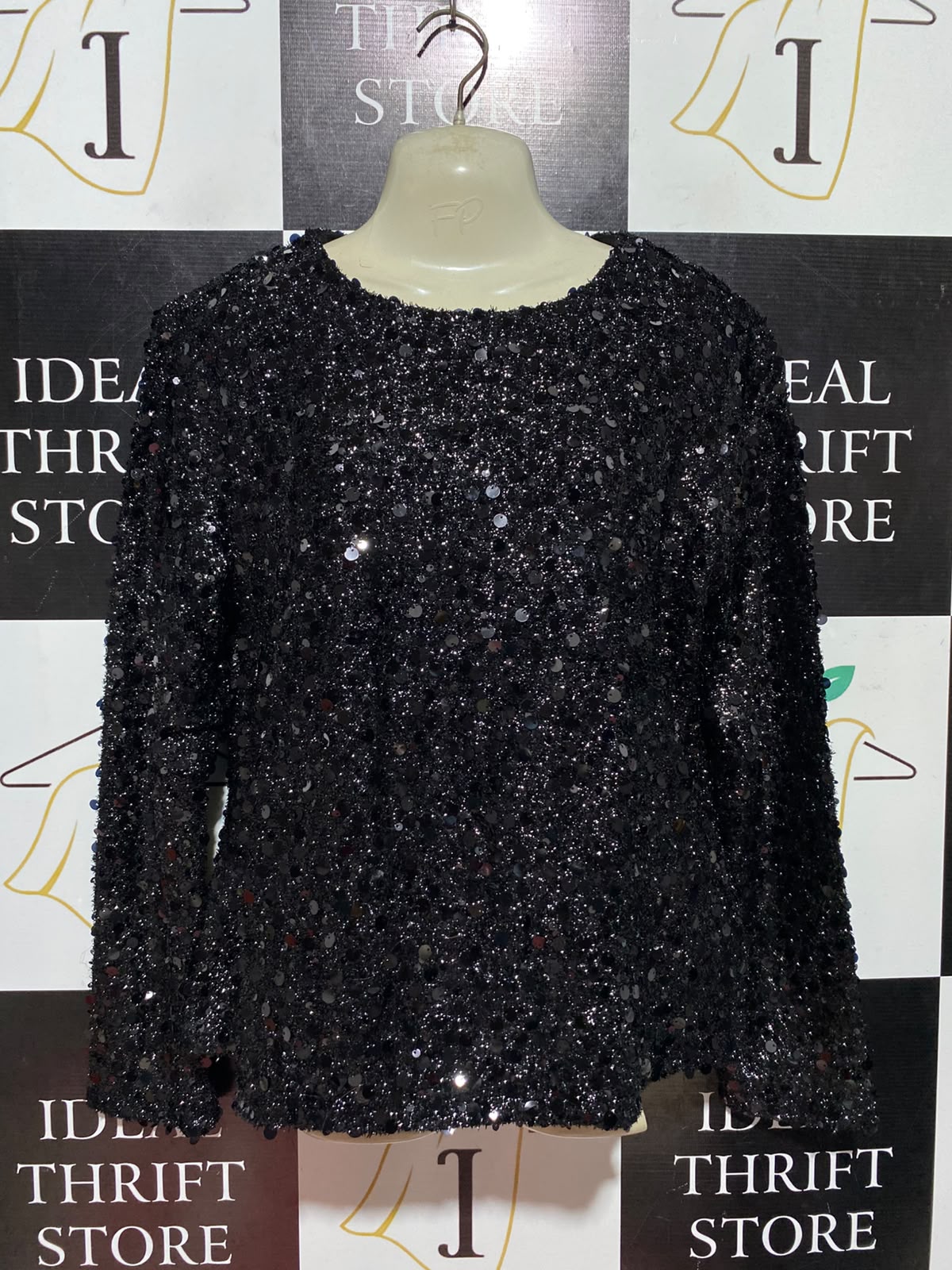 WARE HOUSE |L| BUST 21| A1| BLACK SEQUINED LONG SLEEVE CREW NECK PARTY TOP